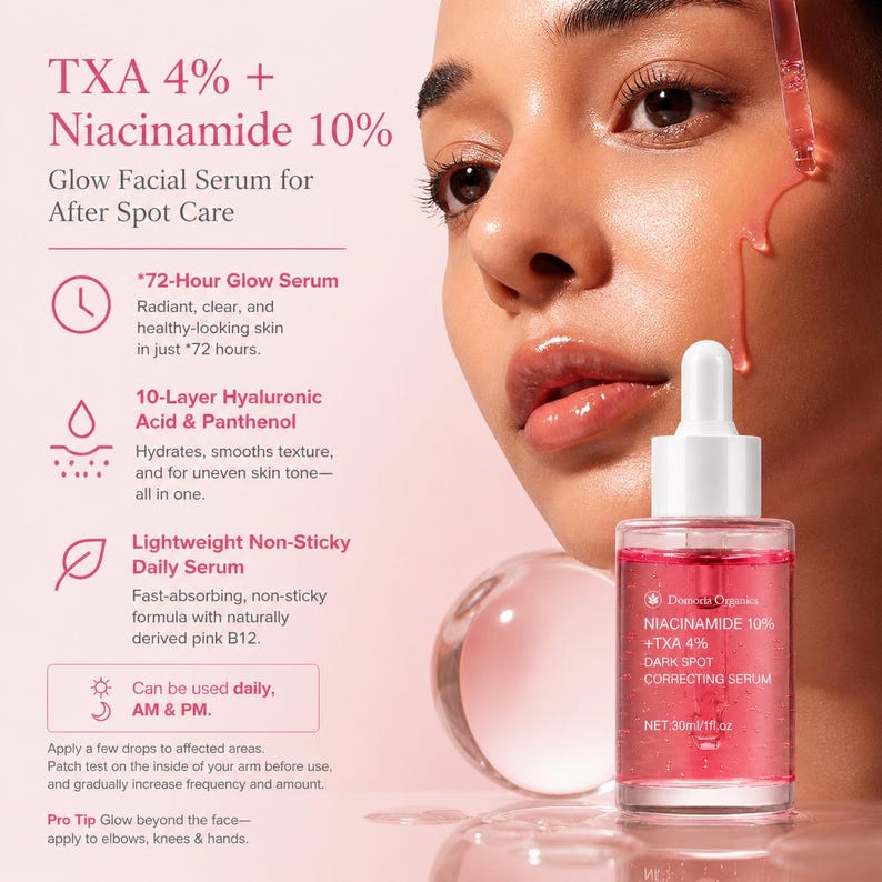 May include: A clear glass bottle of Dosmoria Organics Niacinamide 10% + TXA 4% Dark Spot Correcting Serum. The bottle contains a pink liquid and has a white dropper. The text on the bottle reads "Glow Facial Serum for After Spot Care".
