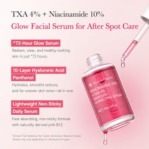 May include: A pink facial serum bottle with a dropper, against a soft pink background. The bottle is labeled "NIACINAMIDE 10% + TXA 4% DARK SPOT CORRECTING SERUM". The text also mentions "72-Hour Glow Serum" and "10-Layer Hyaluronic Acid".