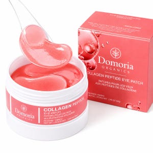 May include: A white jar and a matching red box of Domoria Organics Collagen Peptide Eye Patches. The jar contains pink gel patches, with one lifted by a clear spatula. The packaging displays the text Collagen Peptide Eye Patch and 2.99 oz (84g).