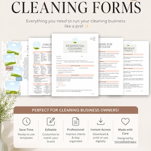 May include: Printable and editable cleaning forms with the text "Cleaning Forms" and "Everything you need to run your cleaning business like a pro!" The image includes sample forms, and a banner that says "Perfect for cleaning business owners!"