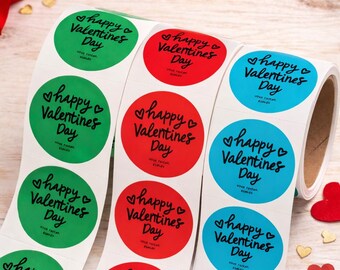 Personalized Happy Valentine's Day Round Stickers. Custom Happy Valentine's day stickers. Kids Valentines Labels Sticker for School.