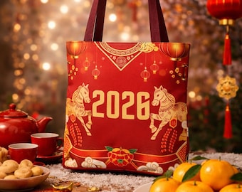 Lunar New Year 2026 Tote, Year of the Horse Tote Bag, 2026 Golden Horse Tote Bag, Chinese Zodiac Horse Tote, Horse Year 2026 Shopping Bag