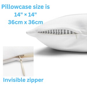 May include: White pillowcase with an invisible zip. The pillowcase size is 14" x 14" (36cm x 36cm). The image also shows a close-up of the zip.