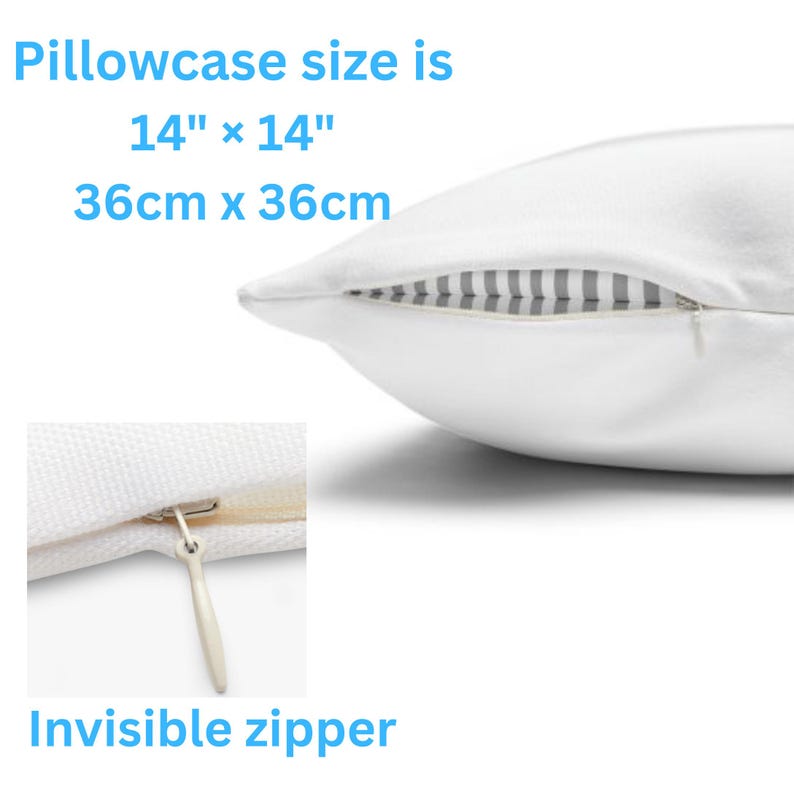 May include: White pillowcase with an invisible zip. The pillowcase size is 14" x 14" (36cm x 36cm). The image also shows a close-up of the zip.