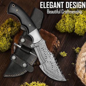 Handmade Damascus Steel Tracker Hunting Knife Micarta Handle Camping Knife Groomsmen Gift Wedding Gift For Men Gift For Husband&Dad Birthday