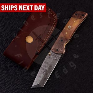Handmade Damascus Tanto Pocket Knife: Camel Bone Handle, Leather Sheath