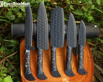 Custom Handmade 5Pcs Carbon Steel Chef Knife Set with Leather Sheath
