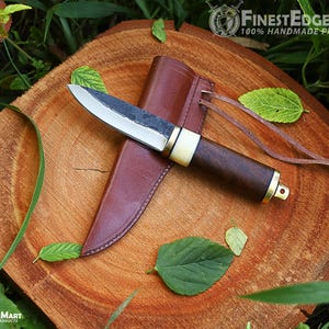 Forged Steel Pocket Knife: Pakka Wood & Camel Bone Handle, Leather Cover