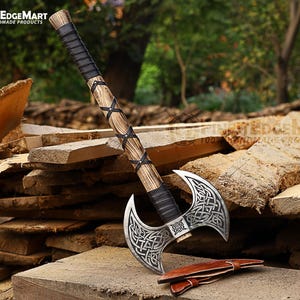 Hand-Forged Carbon Steel Double Headed Berserker Axe with Leather Sheath