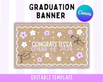 Pancarta floral de graduación, promoción de 2026 / Maqueta de pancarta floral morada / Plantilla editable de Canva (Descarga digital)