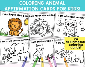 Tarjetas para colorear con mensajes de afirmación sobre animales para niños / Actividad motivacional de aprendizaje socioemocional (descarga digital)