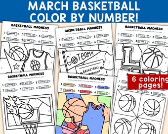 Dibujos para colorear de baloncesto de marzo / Actividad para niños de colorear por números (PDF imprimible)