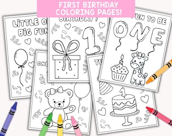 Dibujos para colorear para la primera fiesta de cumpleaños / Actividad para el primer cumpleaños de una niña / Dibujos para colorear para el primer cumpleaños del bebé / PDF imprimible