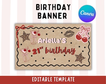 Banner de cumpleaños con temática de vino y cerezas / Maqueta de banner para fiesta de vino y cerezas / Plantilla editable de Canva (Descarga digital)