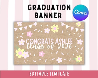 Pancarta floral de graduación para la promoción de 2026 / Maqueta de pancarta de graduación / Plantilla editable de Canva (Descarga digital)