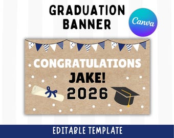 Boy Graduation Banner Class of 2026 | Blue Graduation Banner Mockup | Editable Canva Template (Digital Download)