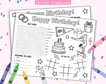 Dibujos para colorear de fiesta de cumpleaños de gimnasia / Manteles individuales para fiestas temáticas / Descarga en PDF