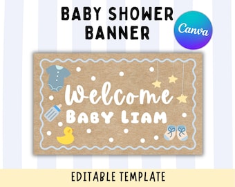 Banner para baby shower de niño / Banner imprimible de bienvenida al bebé / Maqueta de banner para baby shower / Plantilla editable de Canva (Descarga digital)