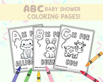 Páginas para colorear del abecedario para baby shower / Libro del primer alfabeto del bebé / Actividades para baby shower / Descarga en PDF