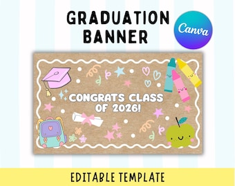 Banner de graduación de preescolar o jardín de infancia / Maqueta de banner para fiesta de graduación infantil / Plantilla editable de Canva (descarga digital)