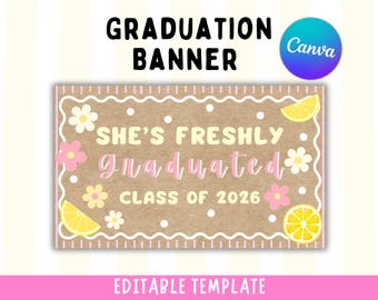 Pancarta de graduación de la promoción de 2026 / Maqueta de pancarta para recién graduados / Plantilla editable de Canva (Descarga digital)