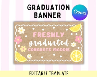 Banner de graduación / Plantilla de banner de Canva para recién graduados / Maqueta de banner floral de limones (Descarga digital)