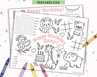 Manteles individuales de animales de safari para fiesta de cumpleaños / Páginas para colorear personalizadas / PDF imprimible