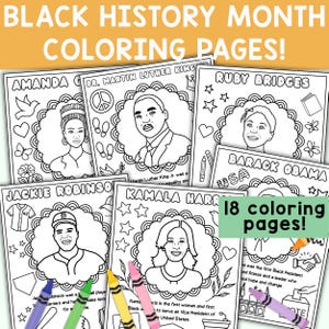 Puede incluir: Páginas para colorear del Mes de la Historia Negra con retratos de figuras históricas como el Dr. Martin Luther King Jr., Amanda, Ruby Bridges, Barack Obama, Jackie Robinson y Kamala Harris. Incluye 18 páginas.