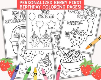 Páginas para colorear de la fiesta del primer cumpleaños de Berry / Actividad para colorear personalizada con temática de fresas / Descarga digital