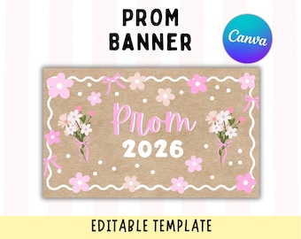 Banner rosa con estampado floral para graduación 2026 / Plantilla editable de Canva (Descarga digital)