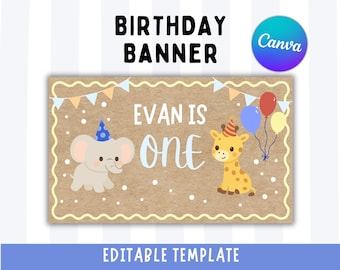 Banner de primer cumpleaños / Maqueta de banner para fiesta de animales del zoológico / Plantilla editable de Canva (Descarga digital)