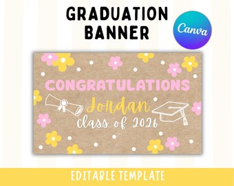 Floral Graduation Banner Class of 2026 | Pink and Yellow Floral Banner Mockup | Editable Canva Template (Digital Download)