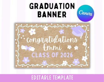 Floral Graduation Banner Class of 2026 | Purple White Editable Canva Template (Digital Download)