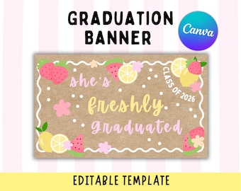 Banner de recién graduado / Maqueta de banner de graduación con limones y bayas / Plantilla editable de Canva (Descarga digital)