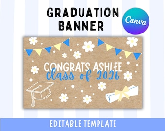 Pancarta floral de graduación para la promoción de 2026 / Maqueta de pancarta de graduación / Plantilla editable de Canva (Descarga digital)