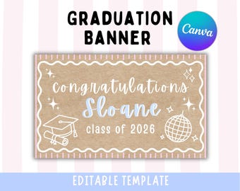 Pancarta de graduación de la promoción de 2026 / Maqueta de pancarta de graduación / Plantilla editable de Canva (Descarga digital)