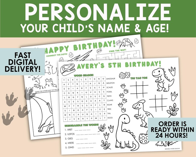 Personalized Dinosaur Birthday Coloring Placemats | Kids Party Activity ...