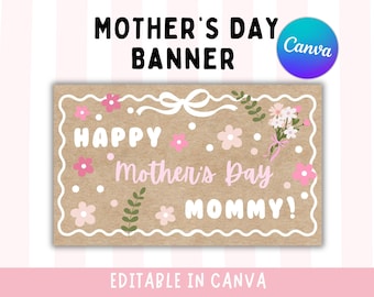 Banner para fiesta del Día de la Madre / Maqueta de banner rosa floral / Plantilla editable de Canva / Descarga digital
