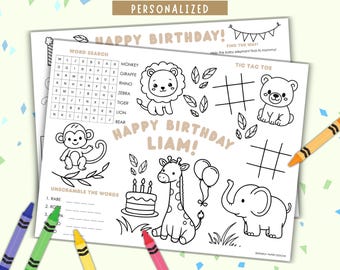 Manteles individuales de animales de safari para fiesta de cumpleaños / Páginas para colorear personalizadas / PDF imprimible