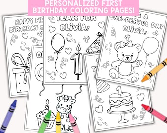 Dibujos para colorear para el primer cumpleaños de una niña / Actividad de colorear personalizada para fiesta de cumpleaños / Descarga en PDF