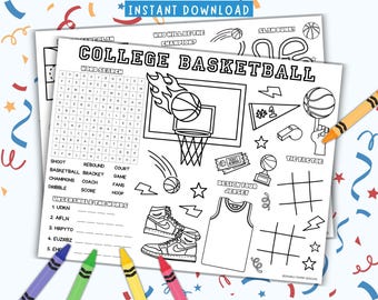 Manteles individuales con actividades de baloncesto universitario / Páginas para colorear, Sopa de letras (Descarga en PDF)