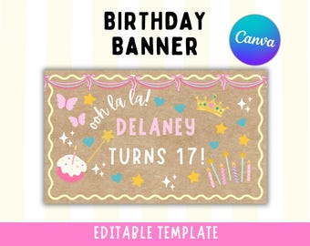 Banner de cumpleaños inspirado en Fancy Nancy / Maqueta de banner de fiesta rosa para chicas "Ooh La La" / Plantilla editable de Canva (Descarga digital)