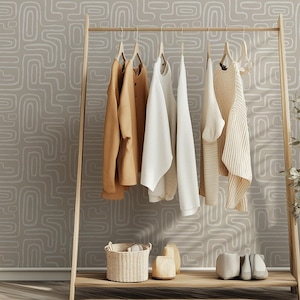 Boho Peel and Stick Wallpaper – Neutral Beige Removable Wall Mural - Abstract Line Wallpaper - Hand-Drawn Modern Geometric Accent Decor