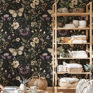 Dark Floral Butterfly Wallpaper – Vintage Botanical Peel and Stick Mural – Cottagecore Gothic Removable Botanical Wallpaper - Dark Floral