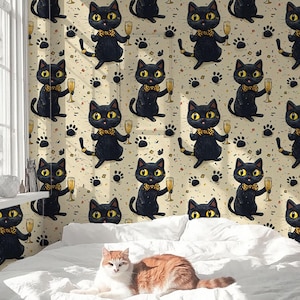 Party Cat Mural Wallpaper – Fun Removable Cat Wall Mural – Cute Black Kitty Wall Decor – Self Adhesive Vintage Cat and Champagne Wallpaper