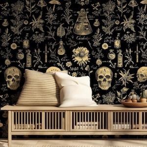 Dark Botanical Wallpaper, Skull and Medicine Wallpaper, Dark Academia Wall Mural, Gothic Peel and Stick, Removable Floral Moody Wall Decor