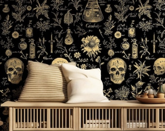 Dark Botanical Wallpaper, Skull and Medicine Wallpaper, Dark Academia Wall Mural, Gothic Peel and Stick, Removable Floral Moody Wall Decor
