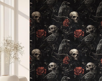 Dark Gothic Wallpaper - Raven Skull Red Rose Wall Mural - Vintage Horror Peel & Stick Wallpaper - Victorian Spooky Crow and Moody Wallpaper
