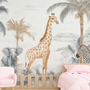 Kids Safari Jungle Animals Wallpaper , Peel and Stick Giraffe Nursery Mural , Kids Jungle Themed Wallpaper, Removable Baby Room Wallpaper