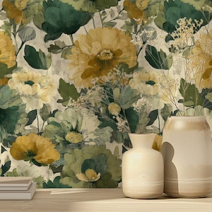 Botanical Peel and Stick Wallpaper, Vintage Floral Mural, Soft Sage Green Wallpaper, Elegant Green&Yellow Leaf Pattern, Removable Wall Decor